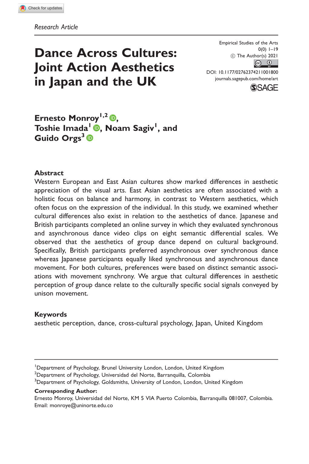 Dance Across Cultures: Joint Action Aesthetics in Japan and the UK