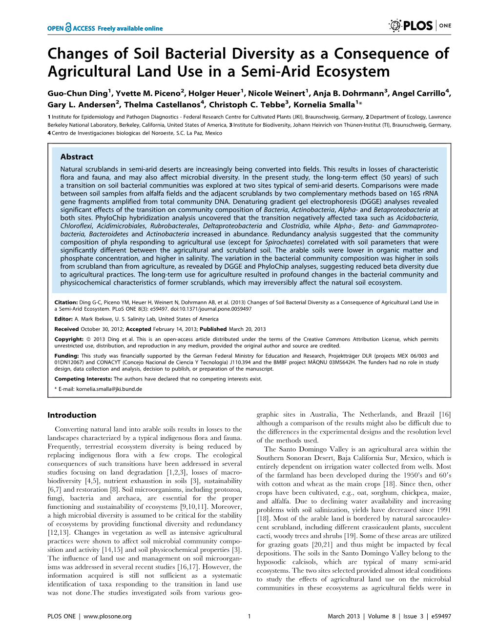 Changes of Soil Bacterial Diversity As a Consequence of Agricultural Land Use in a Semi-Arid Ecosystem