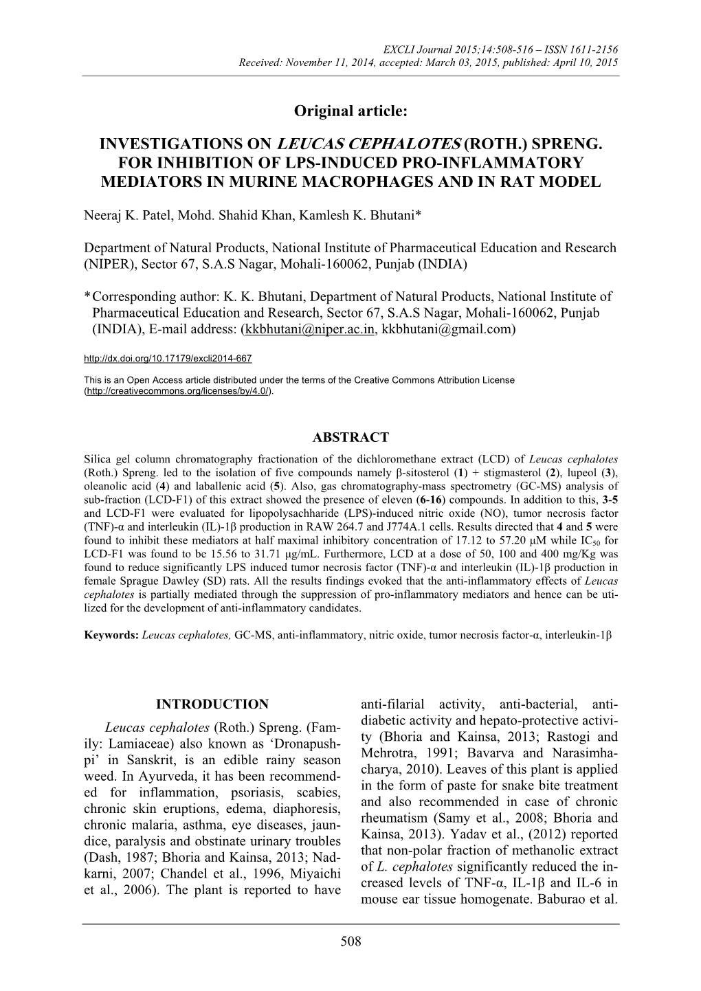 Investigations on Leucas Cephalotes (Roth.) Spreng