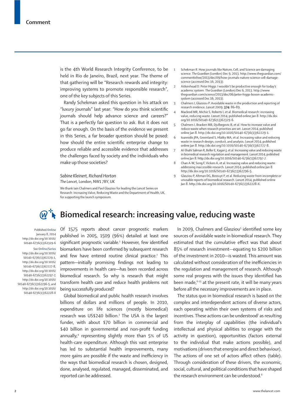 Biomedical Research: Increasing Value, Reducing Waste