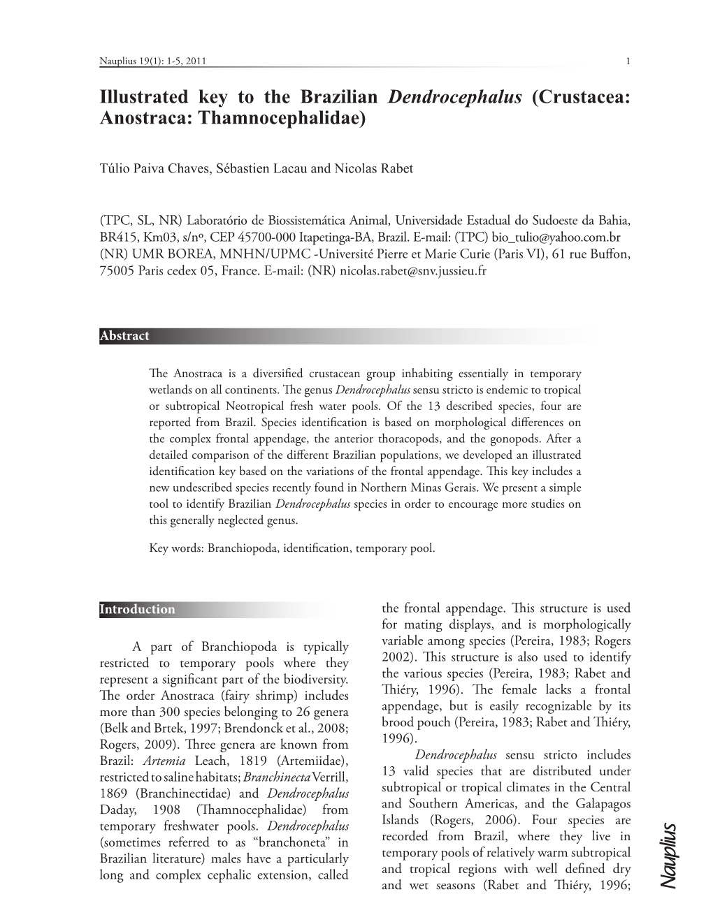 Illustrated Key to the Brazilian Dendrocephalus (Crustacea: Anostraca: Thamnocephalidae)