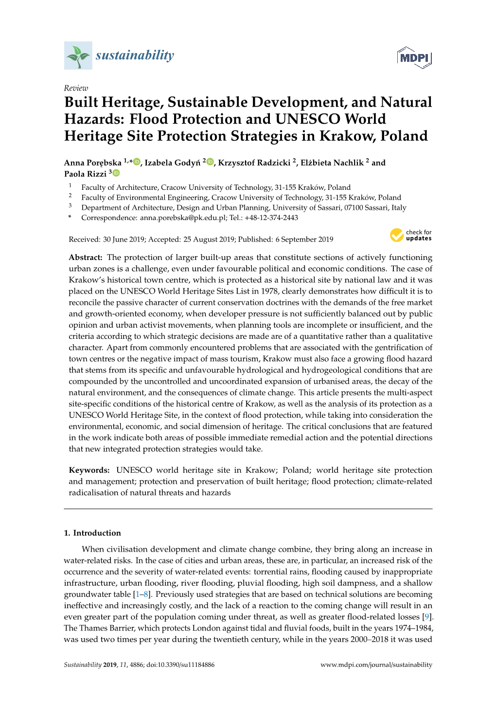 Flood Protection and UNESCO World Heritage Site Protection Strategies in Krakow, Poland