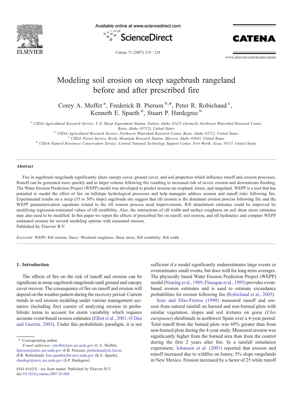 Modeling Soil Erosion on Steep Sagebrush Rangeland Before and After Prescribed Fire ⁎ Corey A