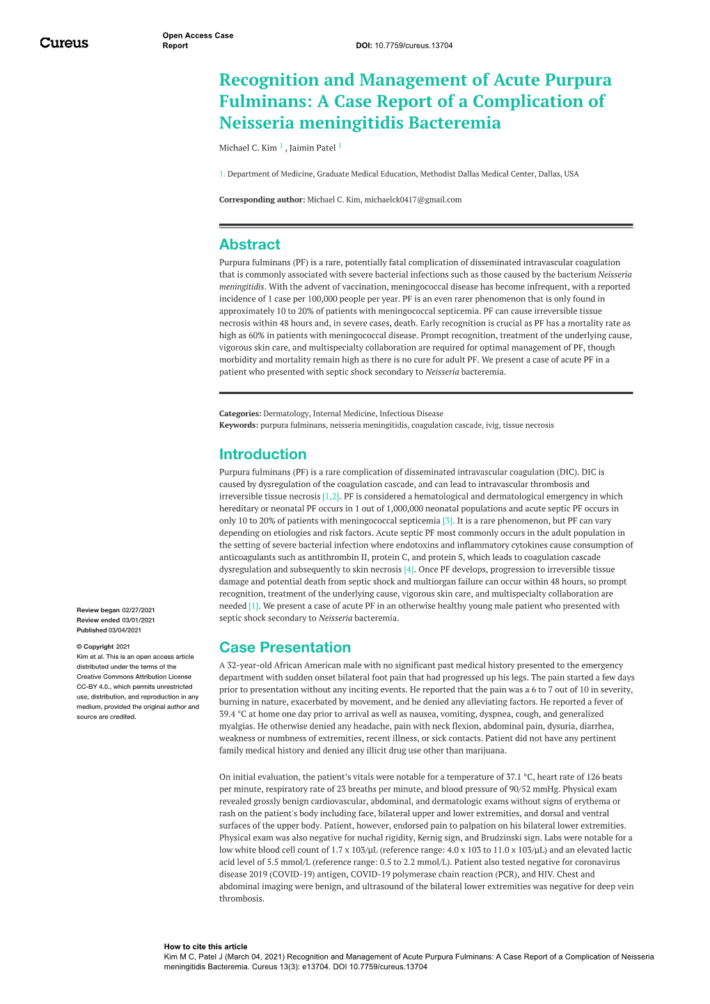 Recognition and Management of Acute Purpura Fulminans: a Case Report of a Complication of Neisseria Meningitidis Bacteremia