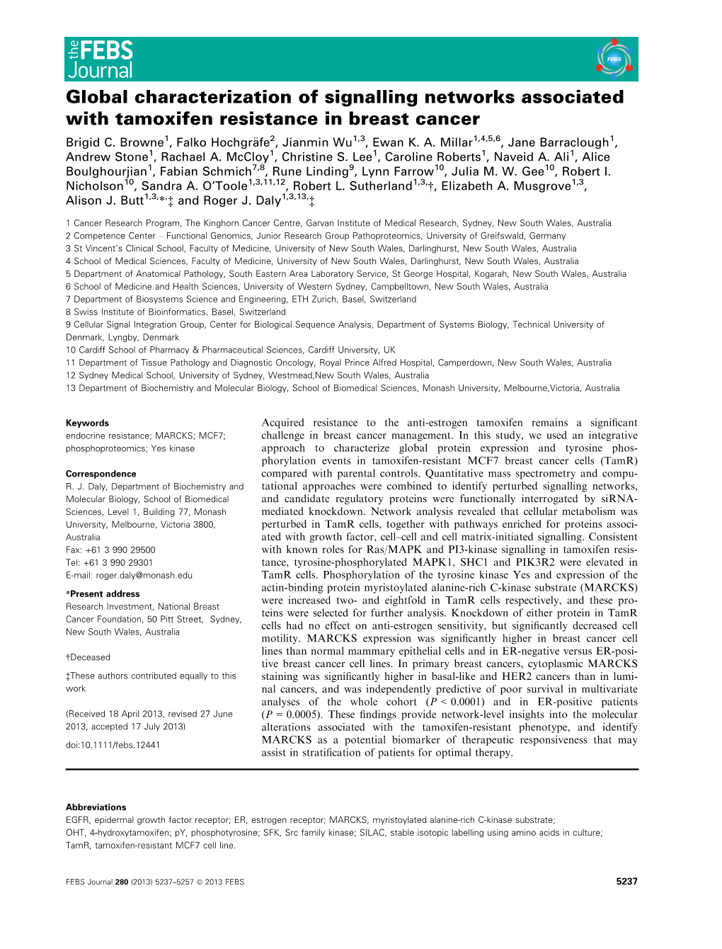 Global Characterization of Signalling Networks Associated with Tamoxifen Resistance in Breast Cancer Brigid C