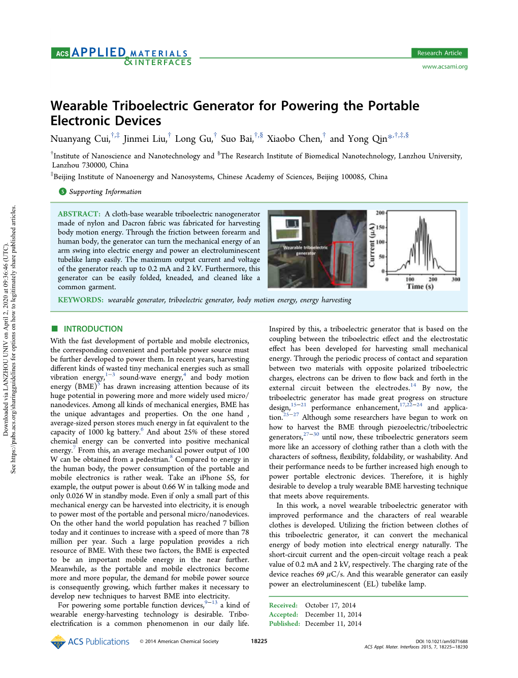 Wearable Triboelectric Generator for Powering the Portable