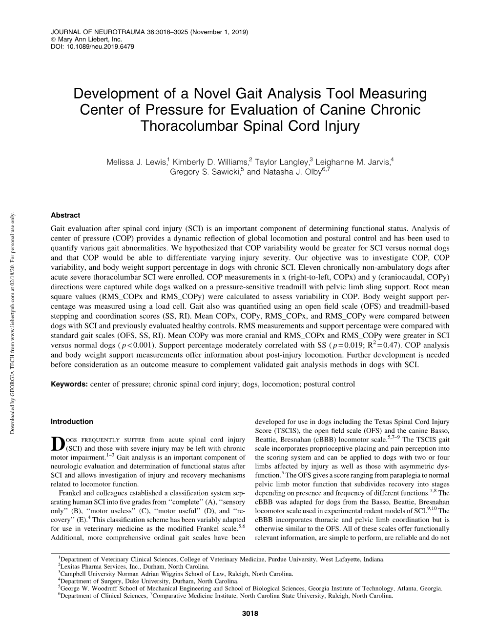 Development of a Novel Gait Analysis Tool Measuring Center of Pressure for Evaluation of Canine Chronic Thoracolumbar Spinal Cord Injury