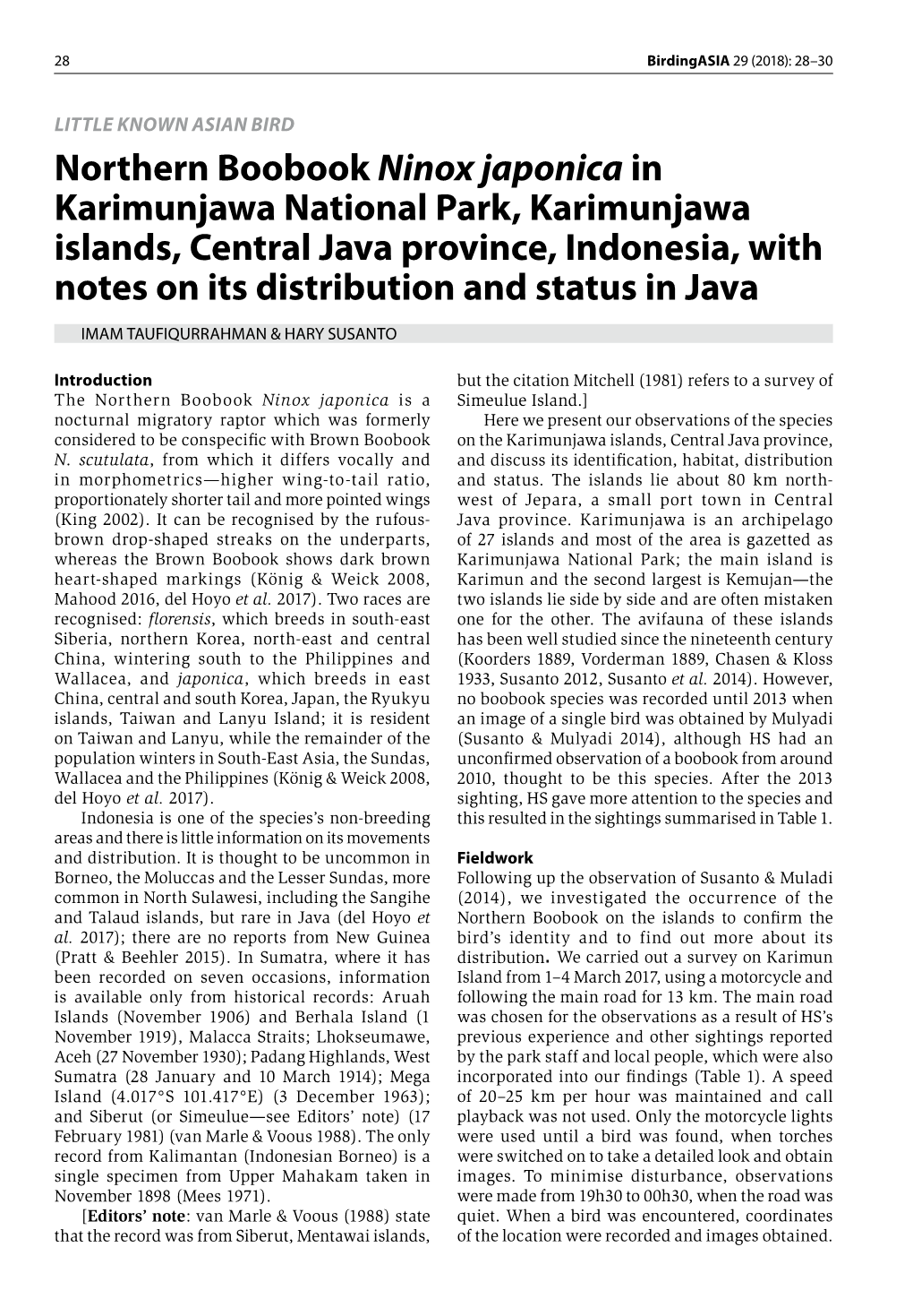 Northern Boobook Ninox Japonica in Karimunjawa National Park, Karimunjawa Islands, Central Java Province, Indonesia, with Notes on Its Distribution and Status in Java