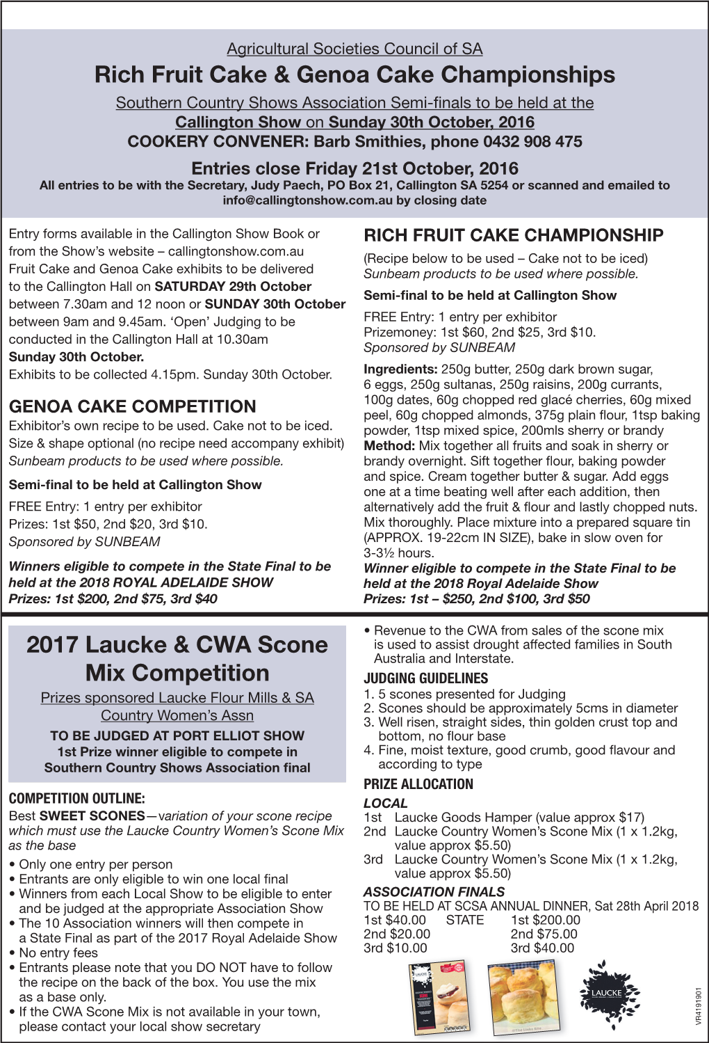 Rich Fruit Cake & Genoa Cake Championships 2017 Laucke & CWA Scone Mix Competition