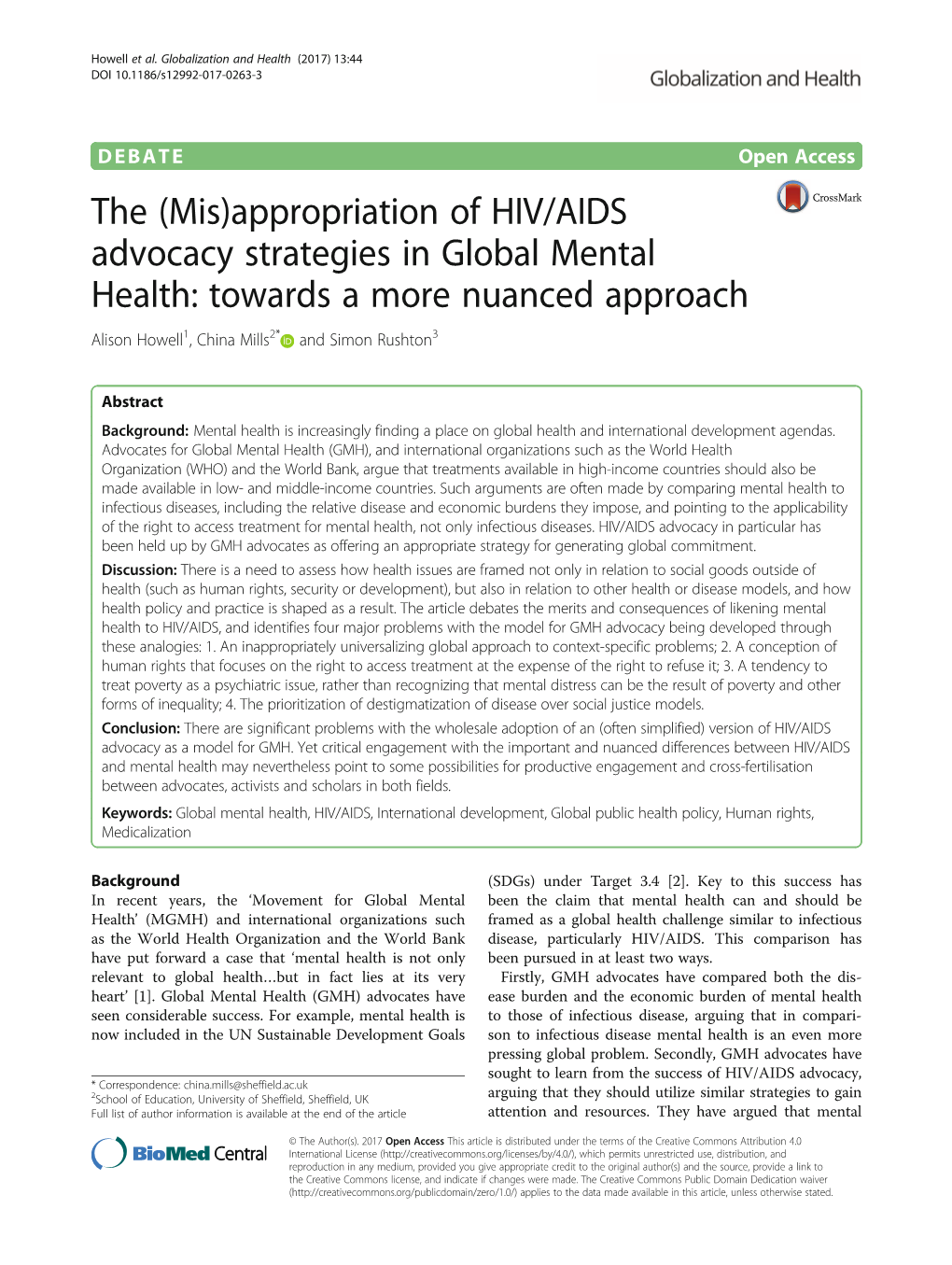 Appropriation of HIV/AIDS Advocacy Strategies in Global Mental Health: Towards a More Nuanced Approach Alison Howell1, China Mills2* and Simon Rushton3
