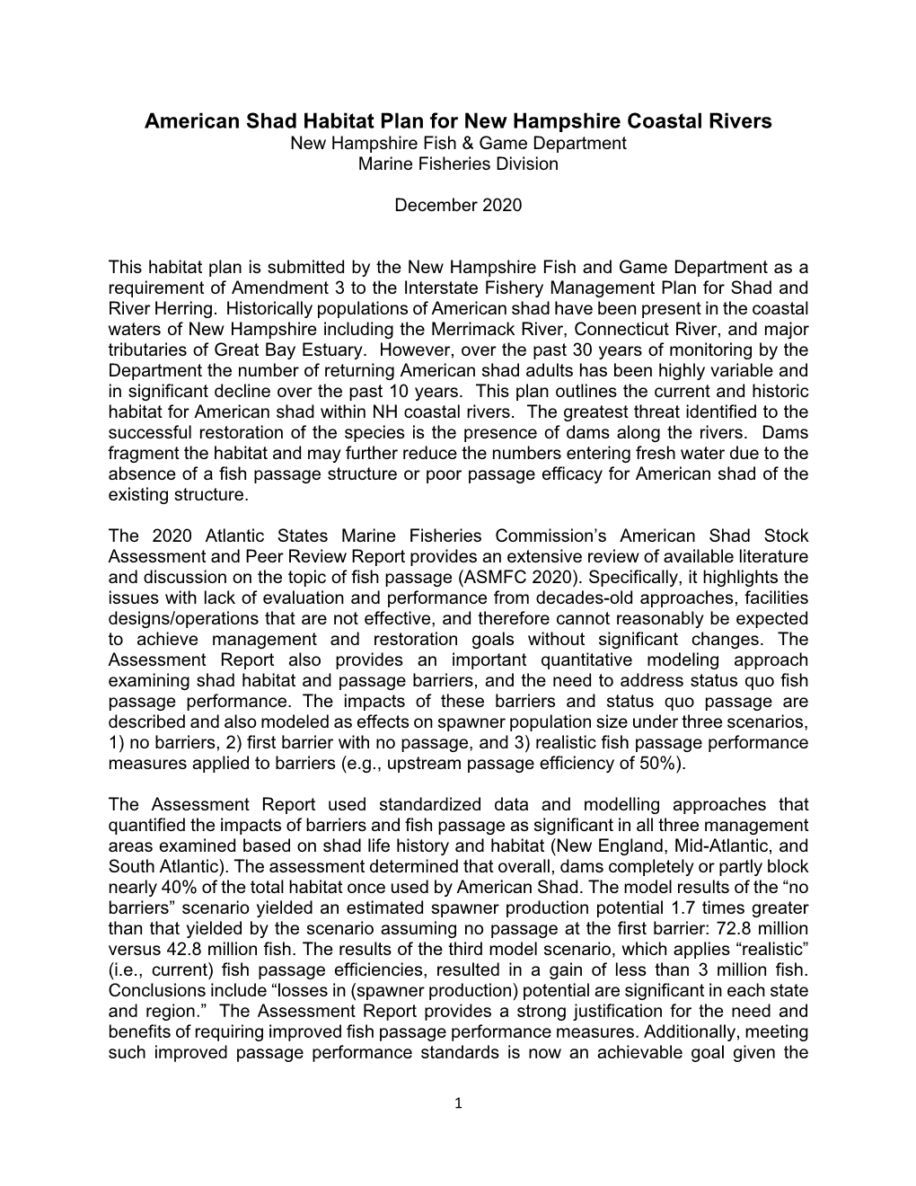 American Shad Habitat Plan for New Hampshire Coastal Rivers New Hampshire Fish & Game Department Marine Fisheries Division