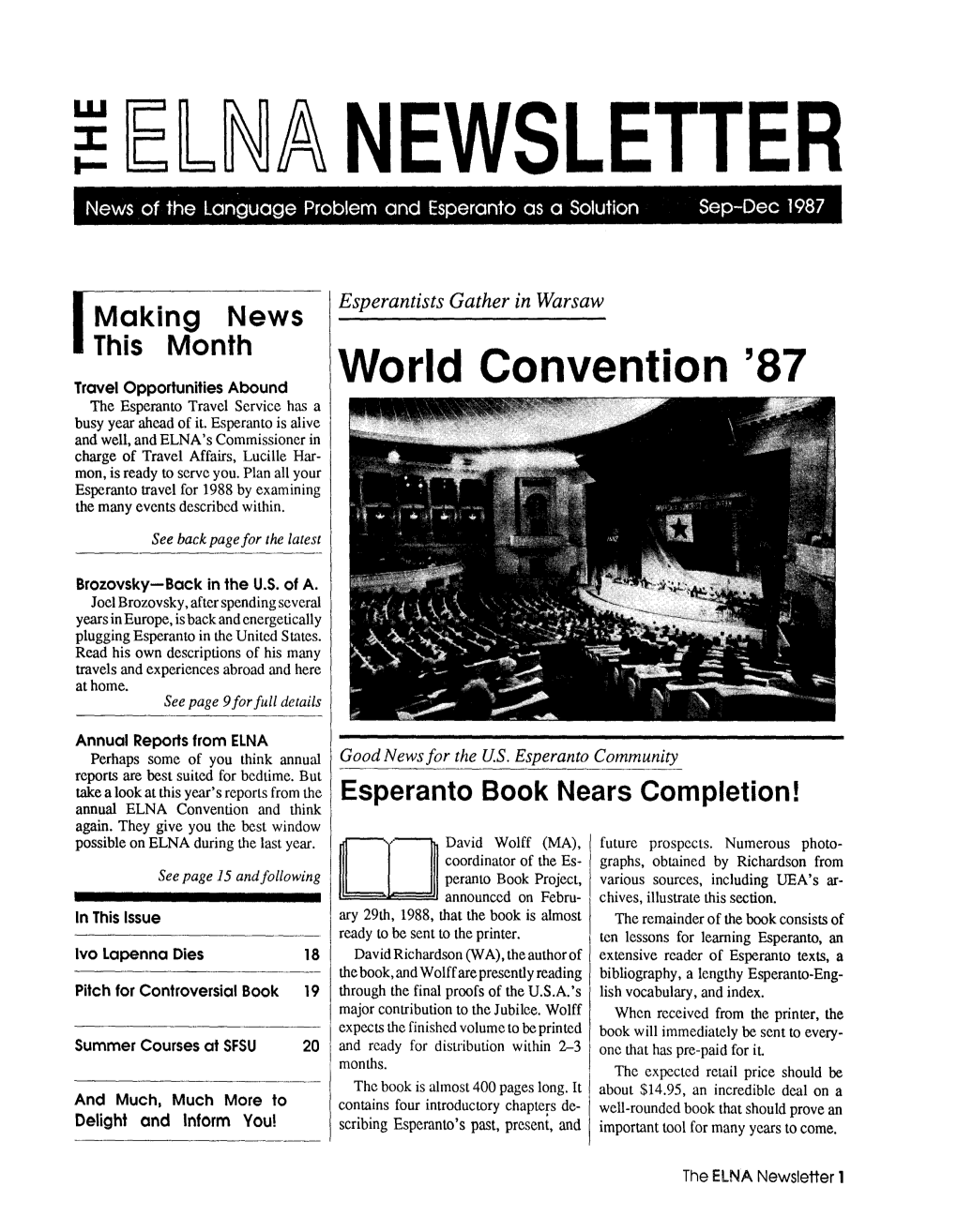 ~[El~A NEWSLETTER News of the Language Problem and Esperanto Os 0 Solution Sep-Dec 1987