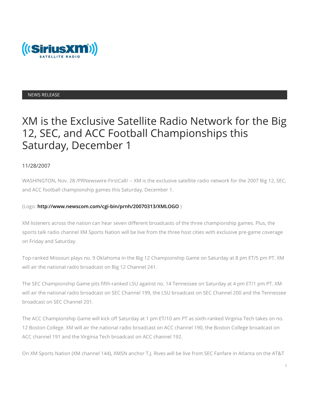 XM Is the Exclusive Satellite Radio Network for the Big 12, SEC, and ACC Football Championships This Saturday, December 1
