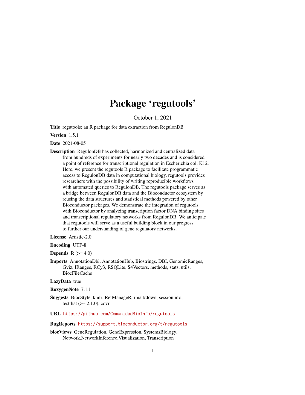 Regutools: Regutools: an R Package for Data Extraction from Regulondb