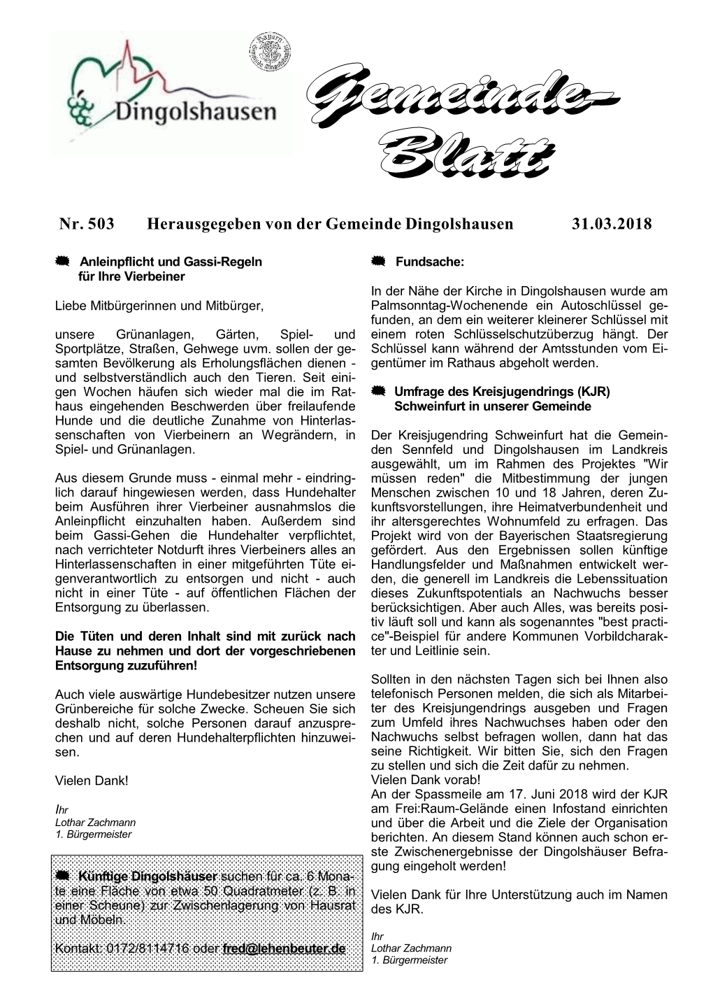 Nr. 503 Herausgegeben Von Der Gemeinde Dingolshausen 31.03.2018