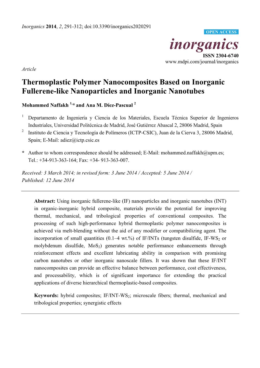 Thermoplastic Polymer Nanocomposites Based on Inorganic Fullerene-Like Nanoparticles and Inorganic Nanotubes