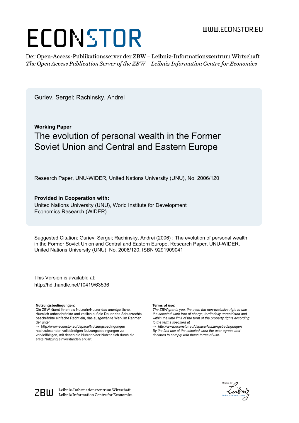 WIDER Research Paper 2006-120 the Evolution of Personal Wealth In