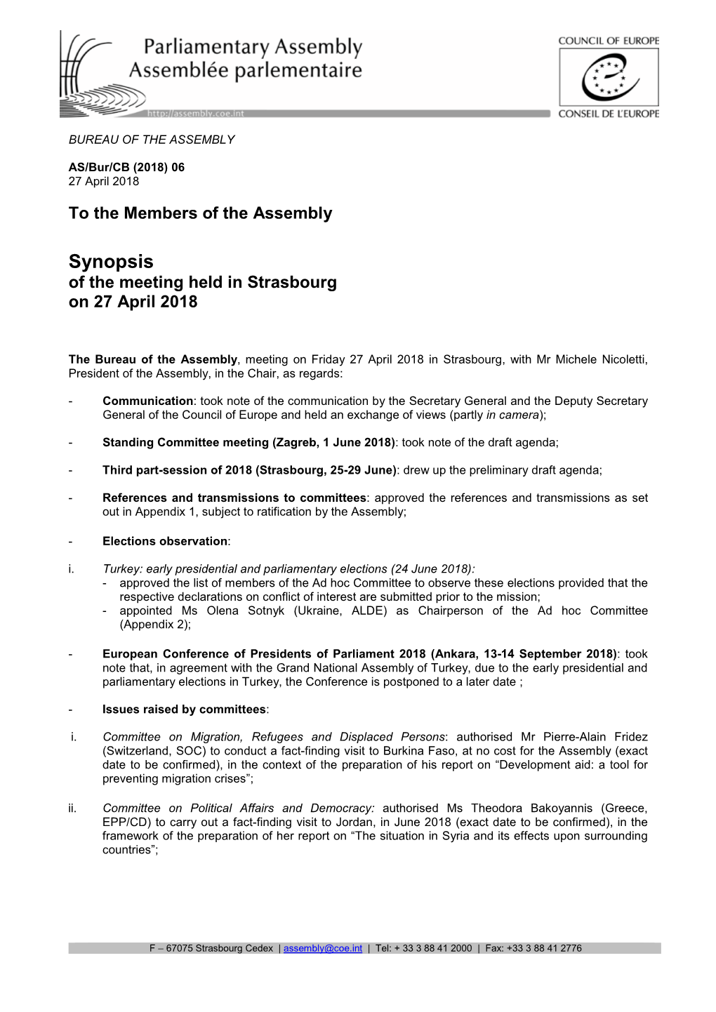 Synopsis of the Meeting Held in Strasbourg on 27 April 2018