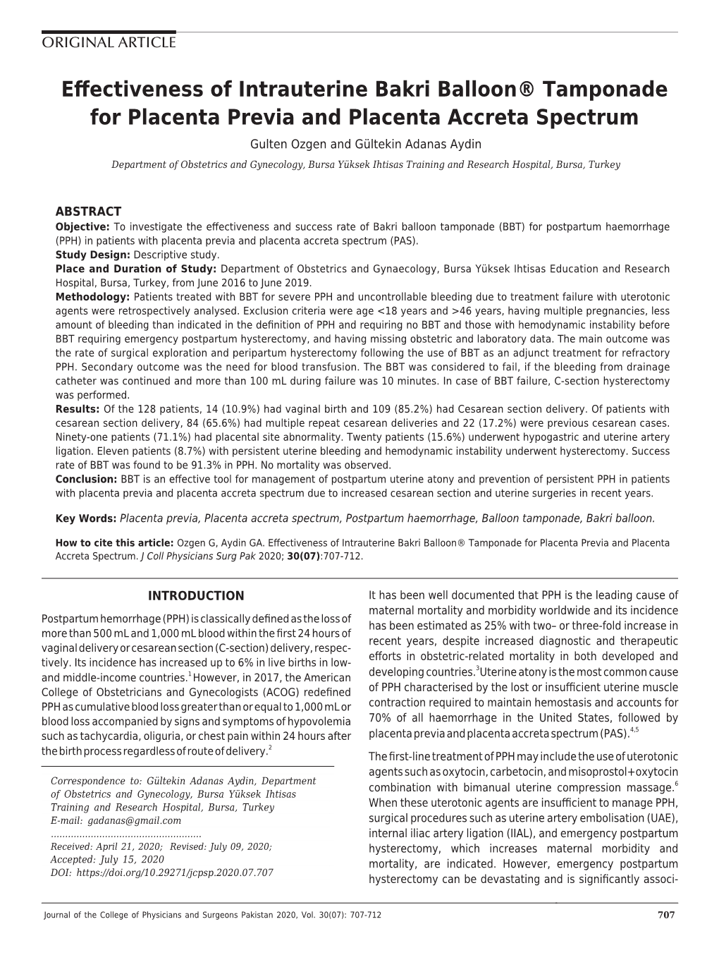 Effectiveness of Intrauterine Bakri Balloon® Tamponade for Placenta