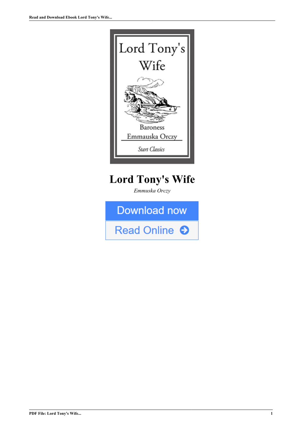 Lord Tony's Wife by Emmuska Orczy