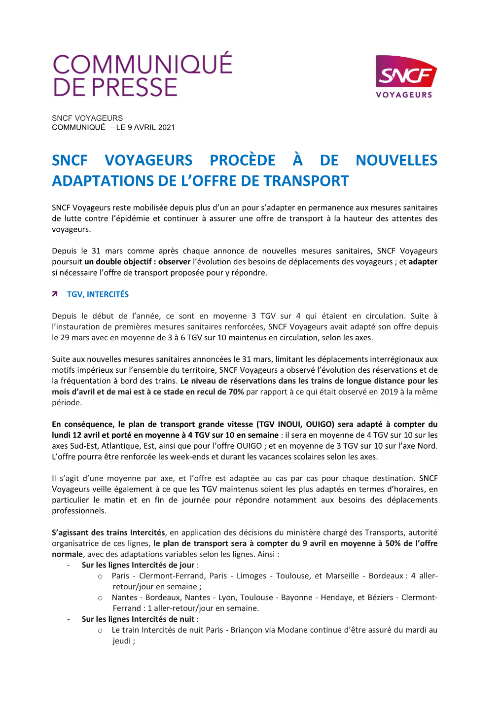 Sncf Voyageurs Procède À De Nouvelles Adaptations De L’Offre De Transport