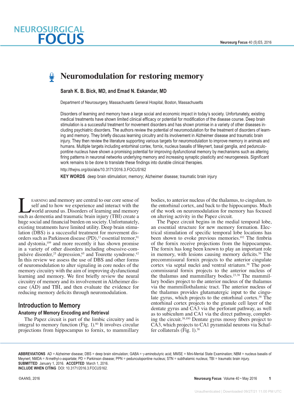 Neuromodulation for Restoring Memory