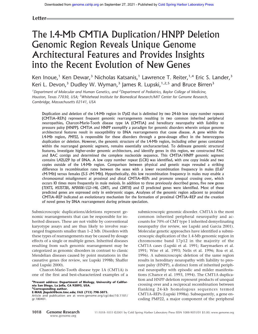 The 1.4-Mb CMT1A Duplication/HNPP Deletion Genomic Region Reveals Unique Genome Architectural Features and Provides Insights Into the Recent Evolution of New Genes