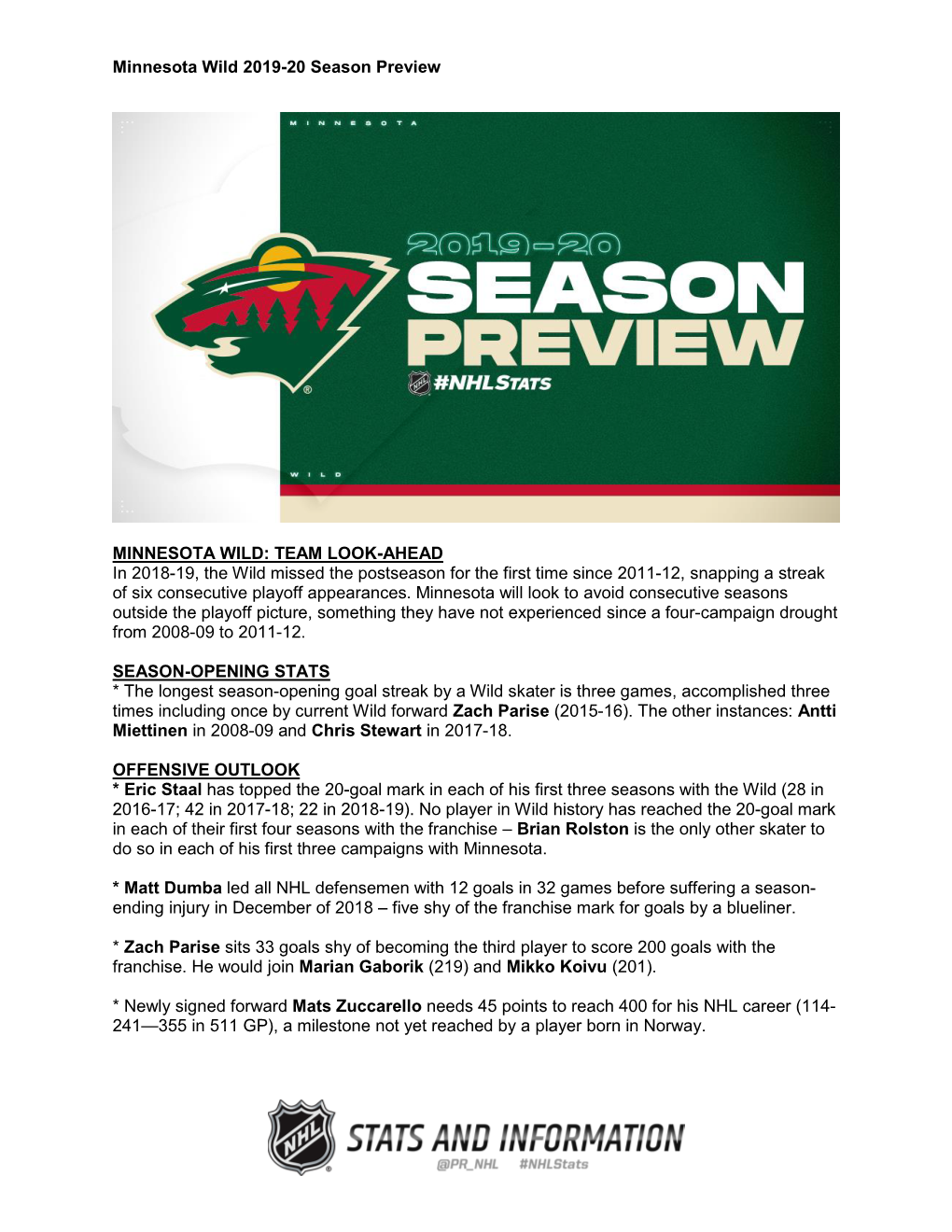 Minnesota Wild 2019-20 Season Preview MINNESOTA