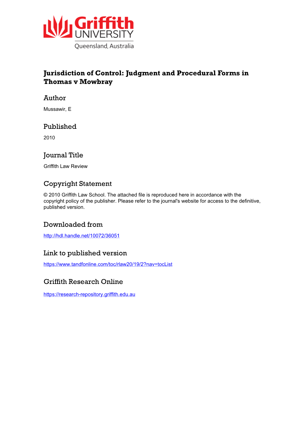 JURISDICTION of CONTROL Judgment and Procedural Forms in Thomas V Mowbray