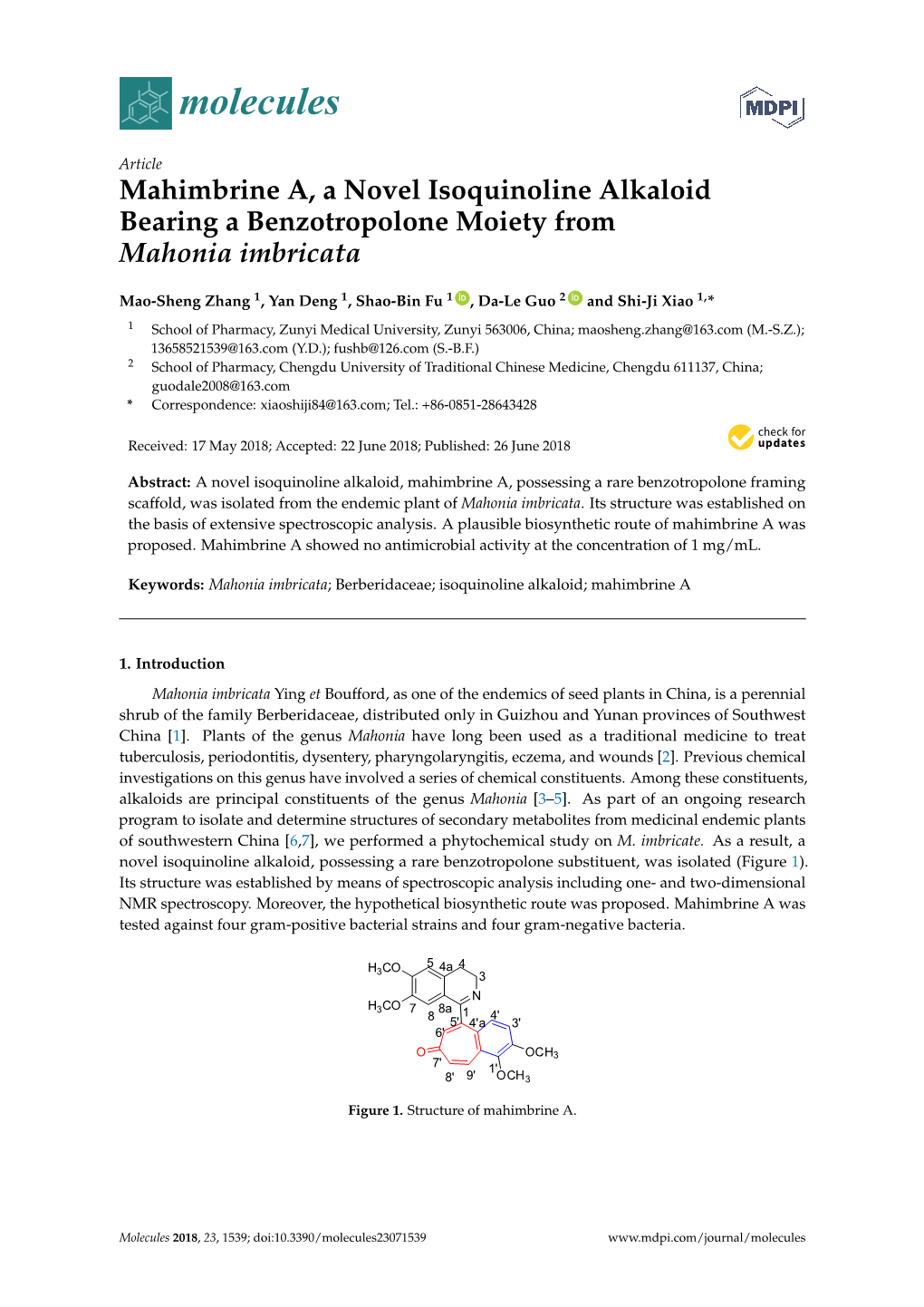 Mahimbrine A, a Novel Isoquinoline Alkaloid Bearing a Benzotropolone