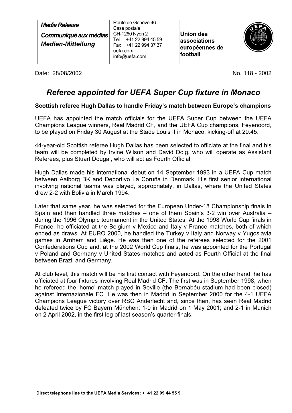 Referee Appointed for UEFA Super Cup Fixture in Monaco