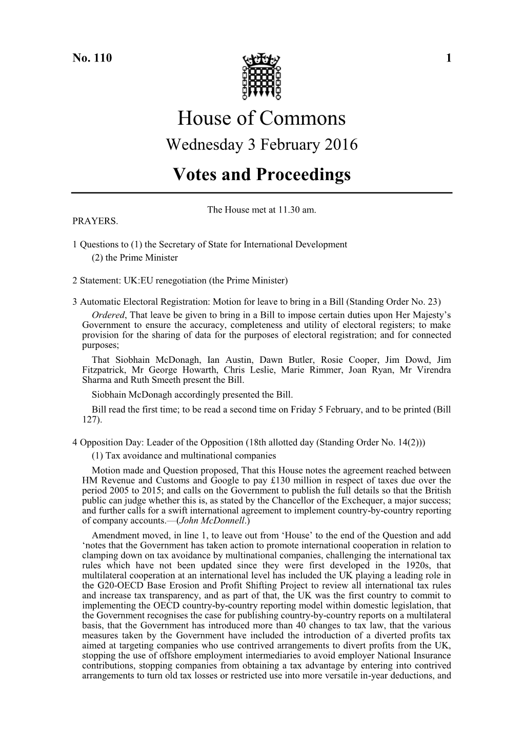 House of Commons Wednesday 3 February 2016 Votes and Proceedings