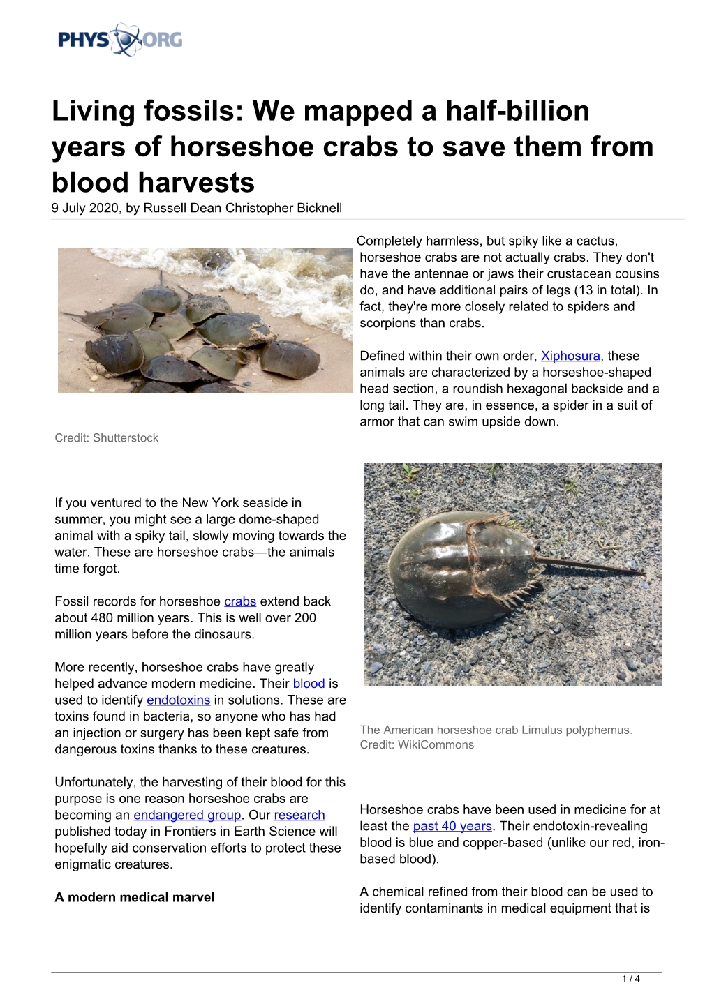 Living Fossils: We Mapped a Half-Billion Years of Horseshoe Crabs to Save Them from Blood Harvests 9 July 2020, by Russell Dean Christopher Bicknell