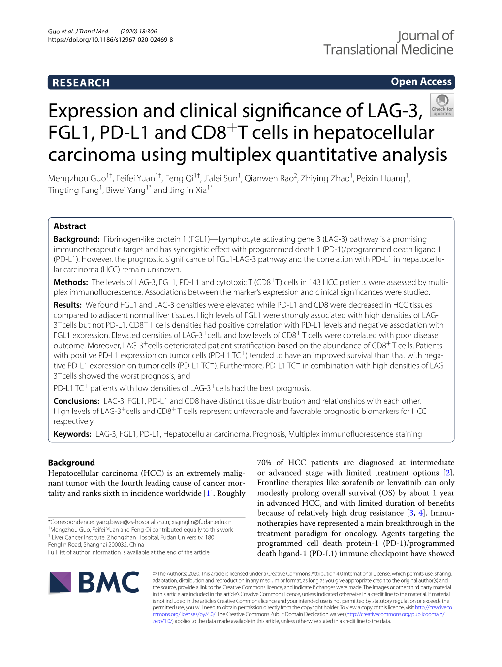 Expression and Clinical Significance of LAG-3, FGL1, PD-L1 and CD8+T