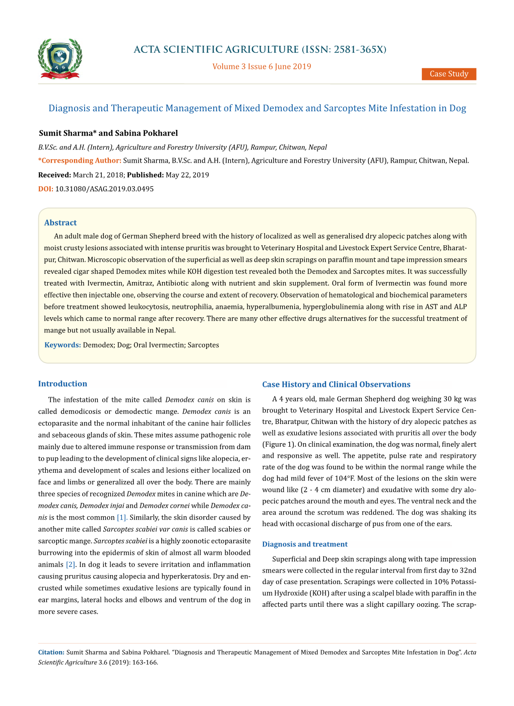 Diagnosis and Therapeutic Management of Mixed Demodex and Sarcoptes Mite Infestation in Dog