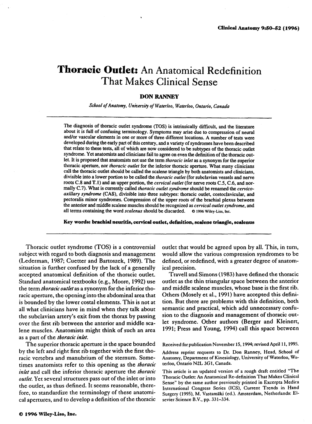 Thoracic Outlet: an Anatomical Redefinition That Makes Clinical Sense