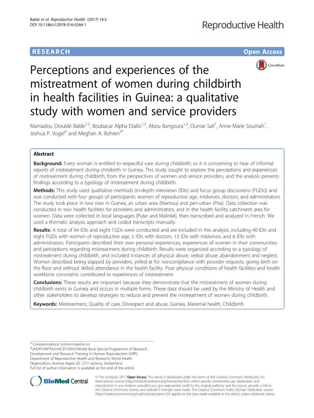 Perceptions and Experiences of the Mistreatment of Women During Childbirth in Health Facilities in Guinea: a Qualitative Study W