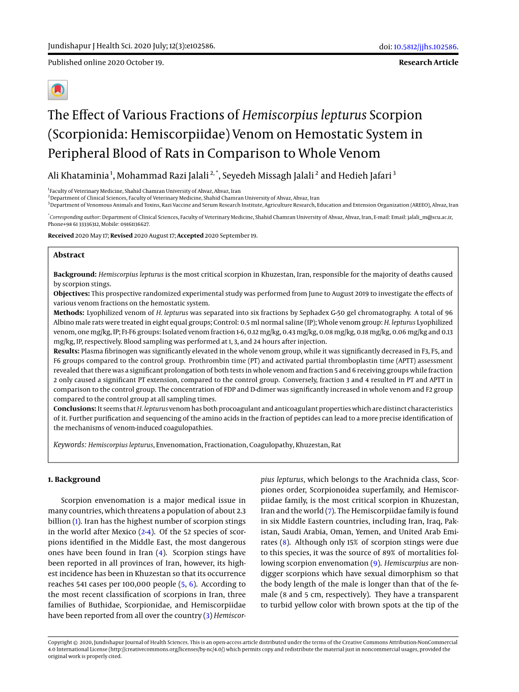 The Effect of Various Fractions of Hemiscorpius Lepturus Scorpion