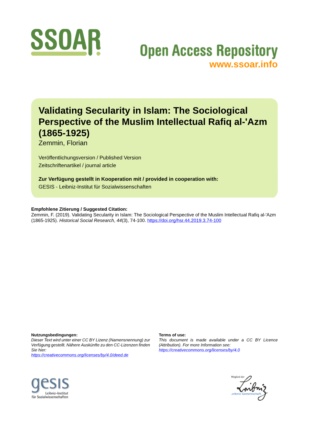 Validating Secularity in Islam: the Sociological Perspective of the Muslim Intellectual Rafiq Al-'Azm (1865-1925) Zemmin, Florian