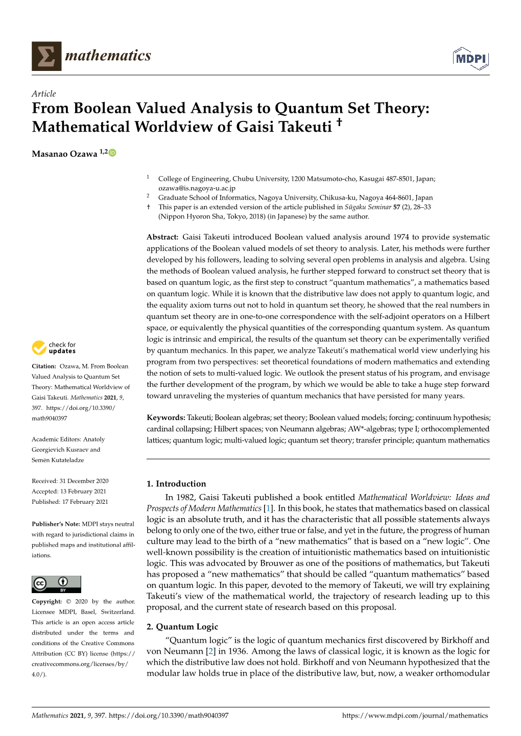 From Boolean Valued Analysis to Quantum Set Theory: Mathematical Worldview of Gaisi Takeuti †