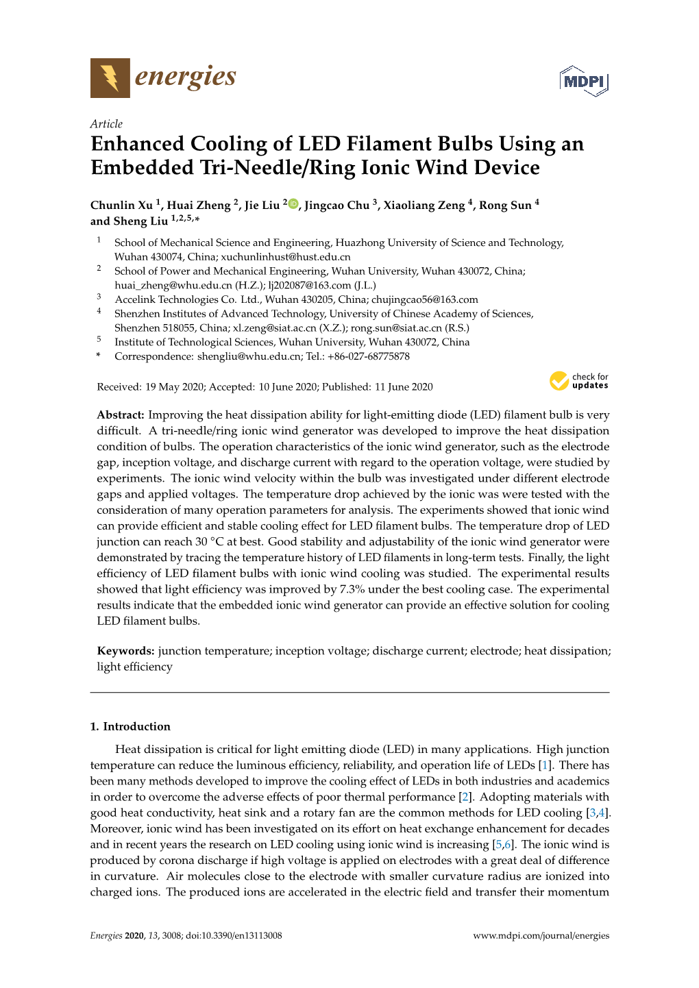 Enhanced Cooling of LED Filament Bulbs Using an Embedded Tri-Needle/Ring Ionic Wind Device