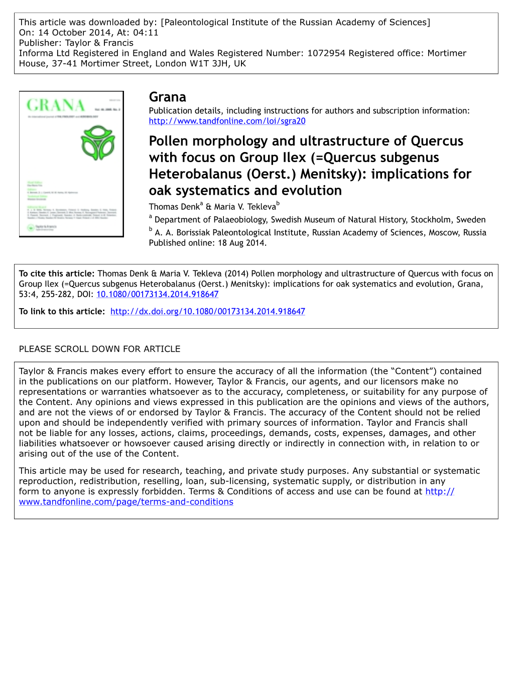 Pollen Morphology and Ultrastructure of Quercus With - DocsLib