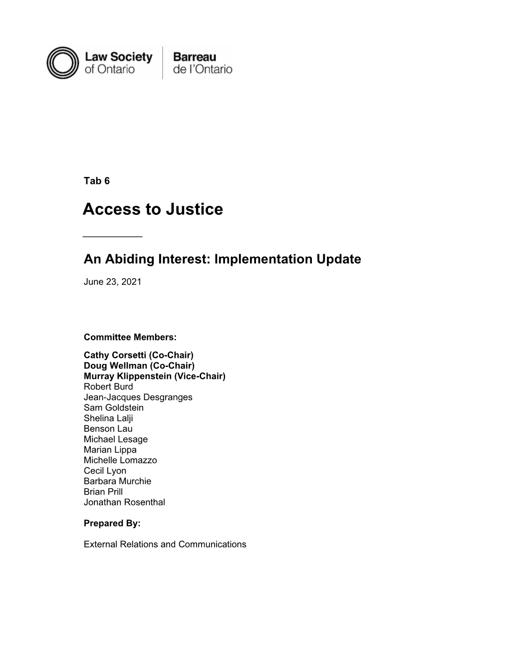 Access to Justice Committee Report to Convocation, June 23, 2021