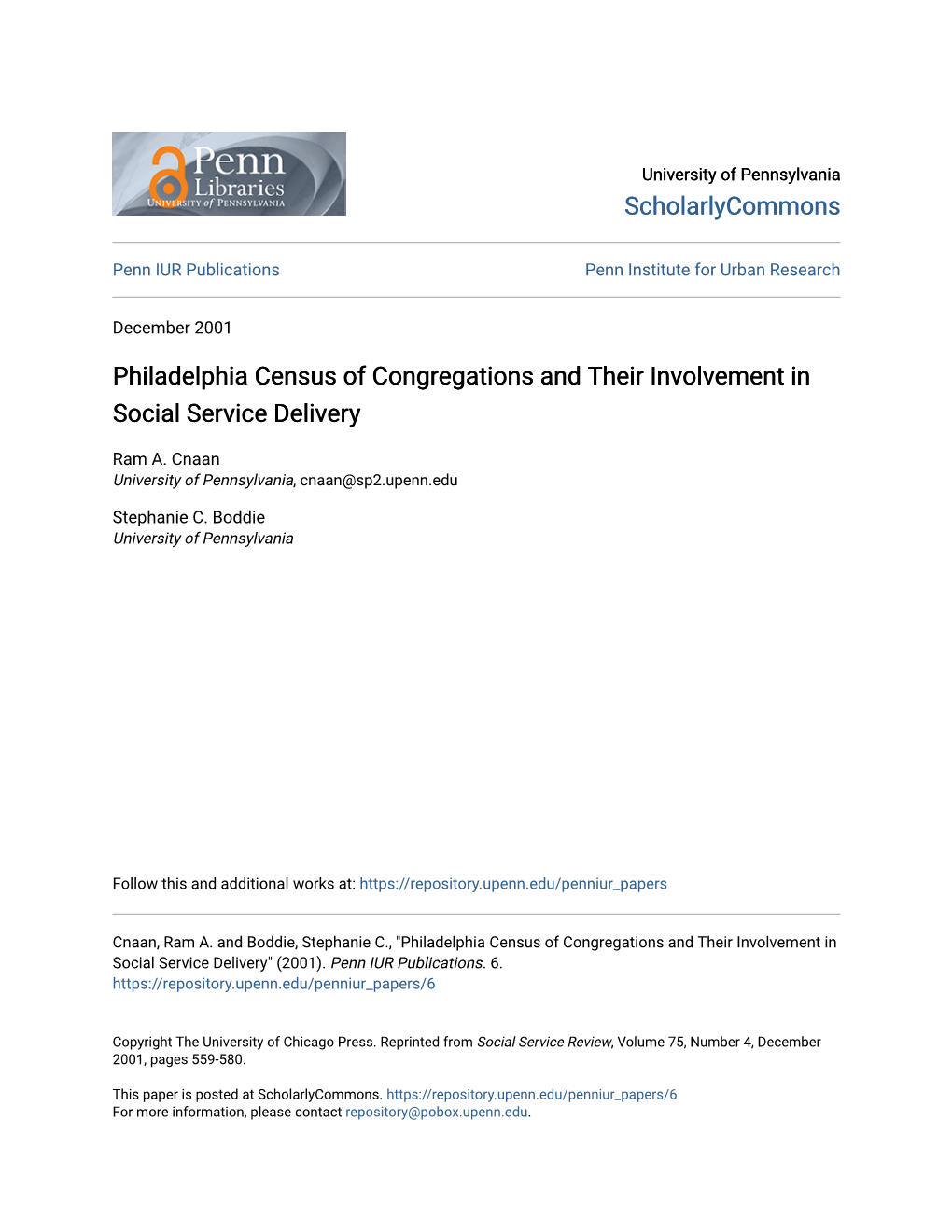 Philadelphia Census of Congregations and Their Involvement in Social Service Delivery