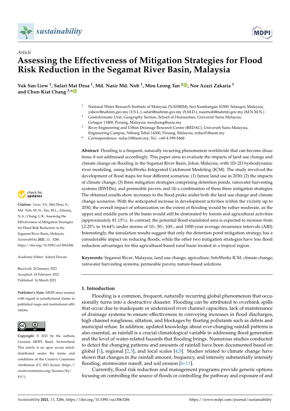 Assessing the Effectiveness of Mitigation Strategies for Flood Risk Reduction in the Segamat River Basin, Malaysia