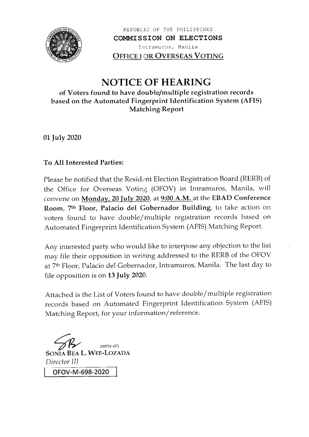 Notice of Hearing of Voters Found to Have Double
