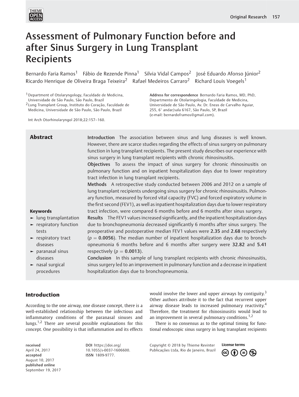 Assessment of Pulmonary Function Before and After Sinus Surgery in Lung Transplant Recipients