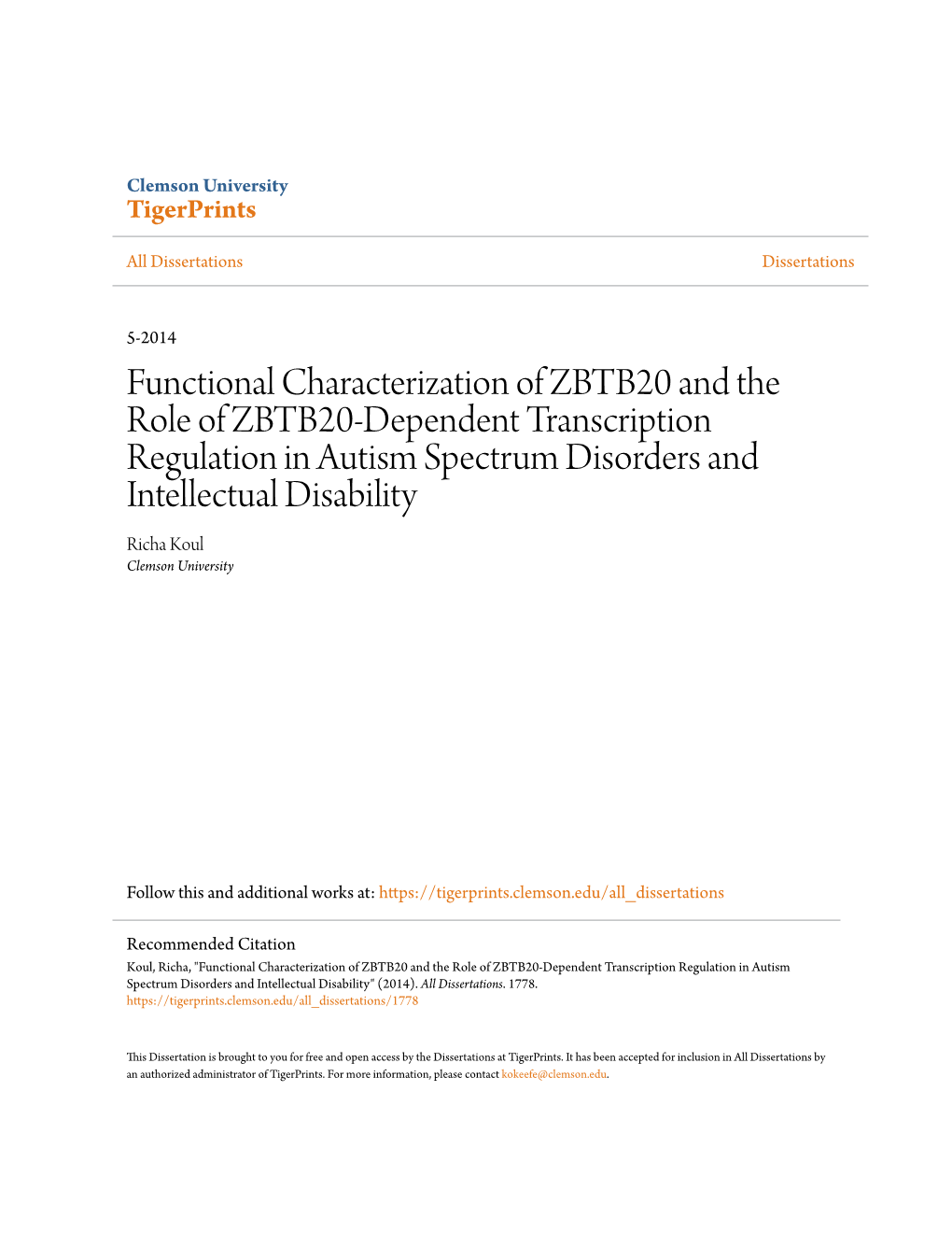 Functional Characterization of ZBTB20 and the Role of ZBTB20