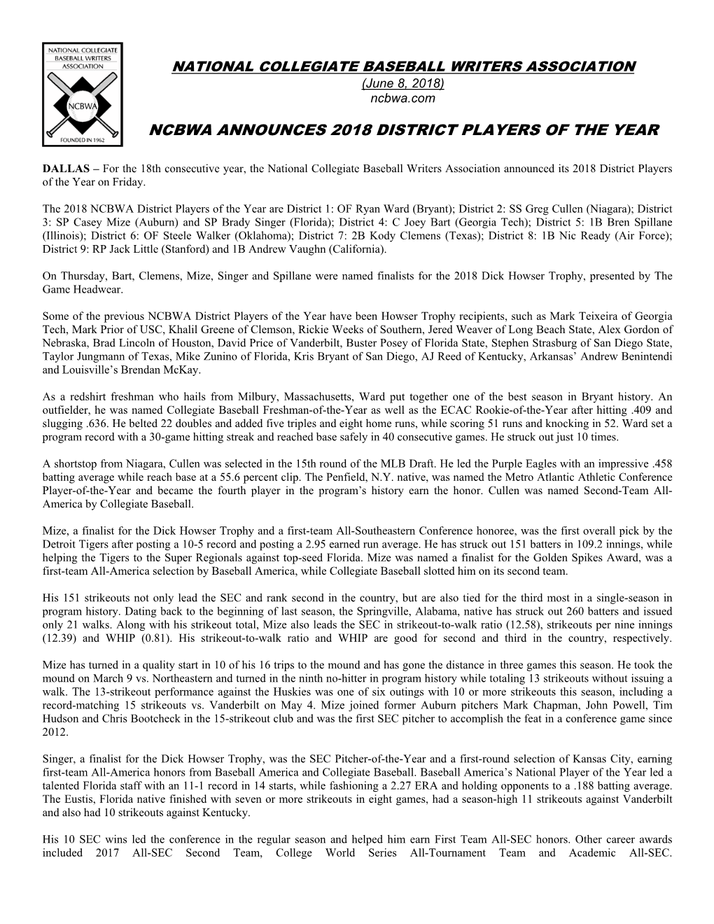 Ncbwa Announces 2018 District Players of the Year