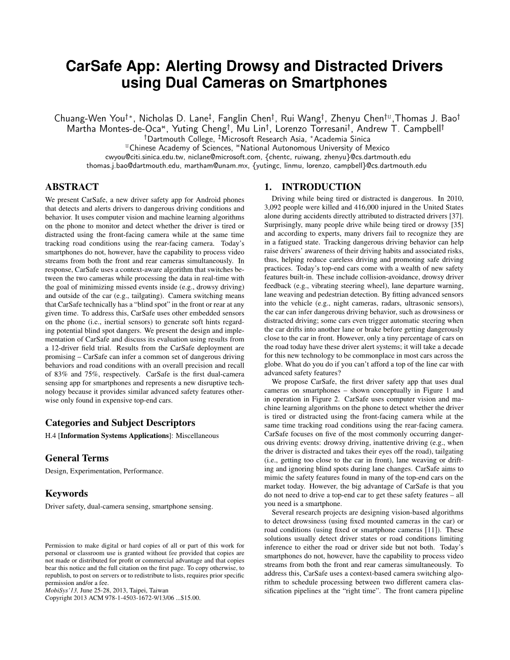 Carsafe App: Alerting Drowsy and Distracted Drivers Using Dual Cameras on Smartphones